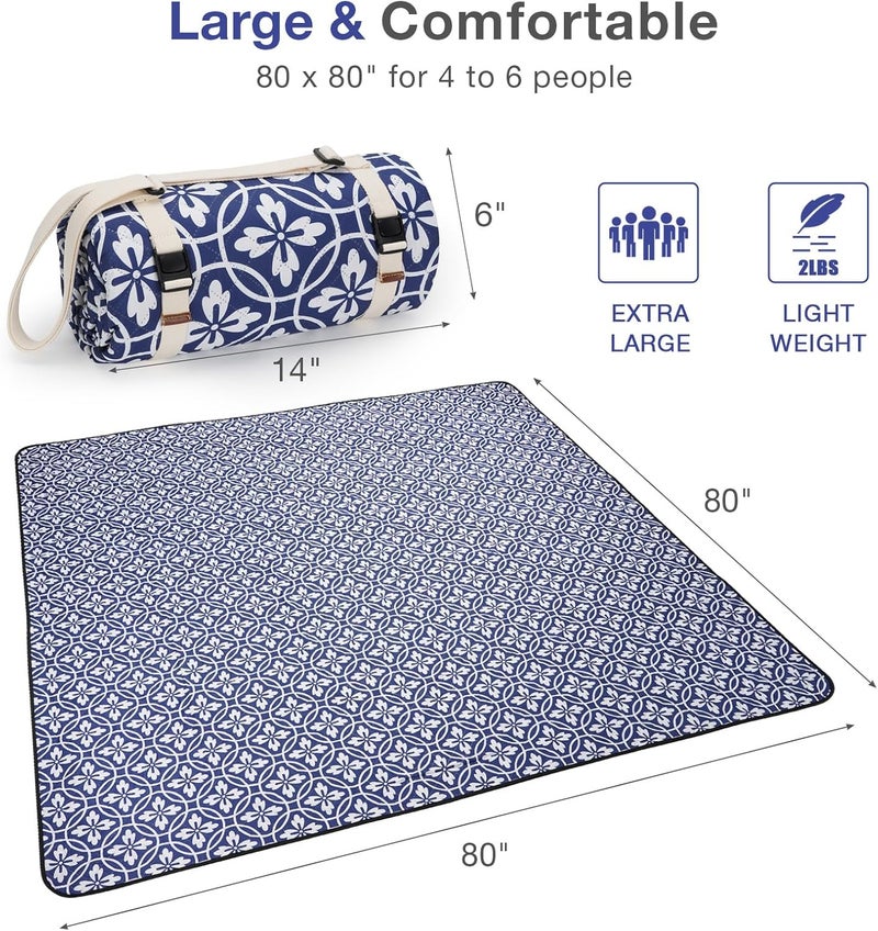 WILLOW WEAVE Picnic Blanket, 80''x80'' Waterproof Outdoor Blankets, Picnic Mat Washable for Beach, Picnic Blankets for Camping on Grass with Shoulder Strap - NavyBlue - Image 2